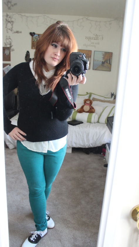 Ross sweater and undershirt; Rue21 jeans and necklace; Payless shoes and no-show socks.